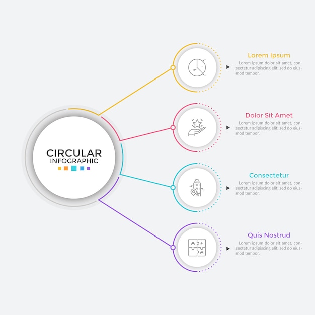 Four paper white round elements arranged in vertical row and connected to main circle by lines. Concept of 4 business features to choose. Simple infographic design template. Flat vector illustration.