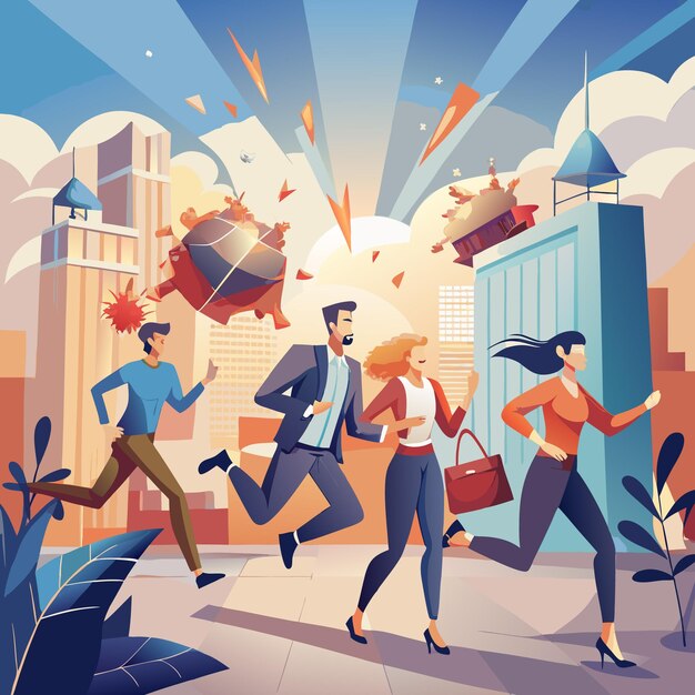 Vector four people in business attire running through the city in a hurry as a red rocket flies overhead