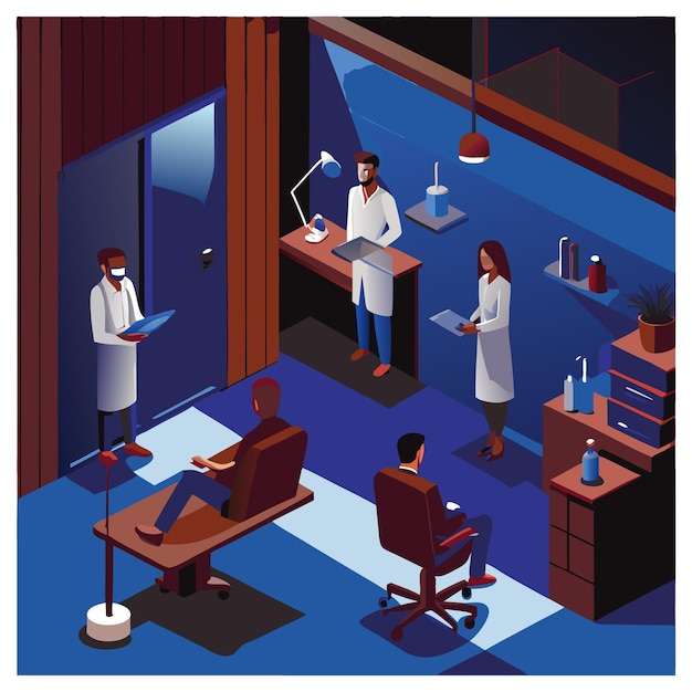 Vector four people in a modern office one is standing at a desk one is standing near a door one is sitting in a chair and one is sitting on a couch