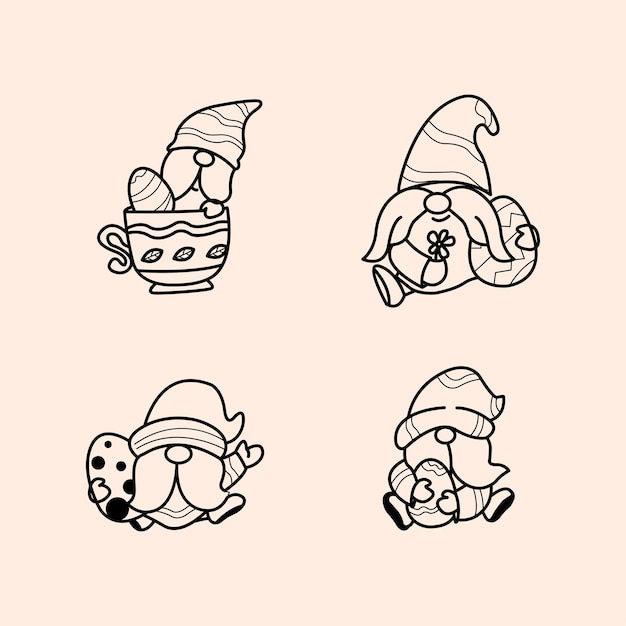 Four pictures of dwarfs holding eggs in black and white