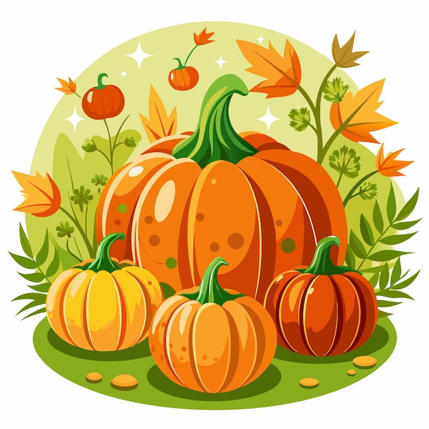 Vector four pumpkins with autumn leaves on green grass