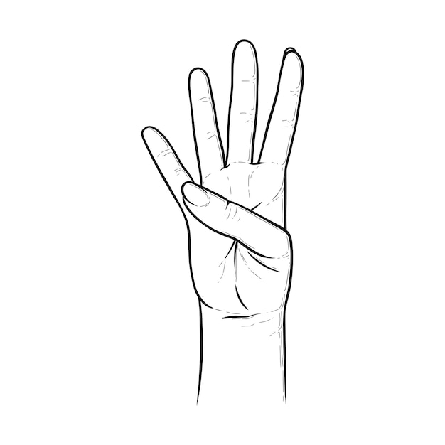 Four raised fingers Fingers showing number four to express the quantity Vector illustration