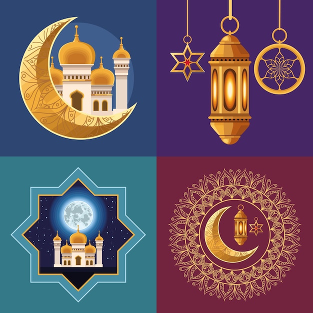 four ramadan kareem set icons