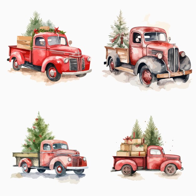 Vector four red trucks are parked in front of a christmas tree