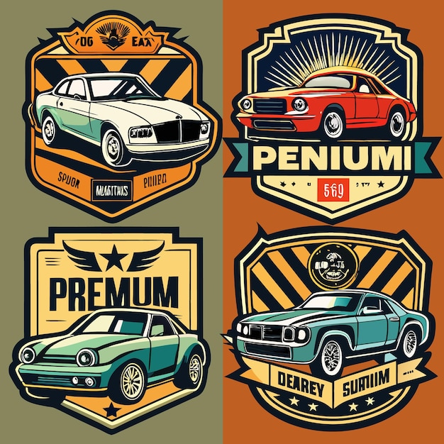 Four retro style car emblems with different colors designs and text