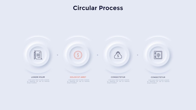 Four round buttons placed in horizontal row Concept of 4 successive stages of business project development process Neumorphic infographic design template Modern vector illustration for banner