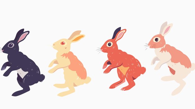 Vector four running jumping rabbits bunnies illustrations