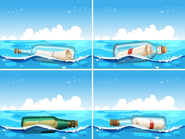 Four scenes of message in bottle