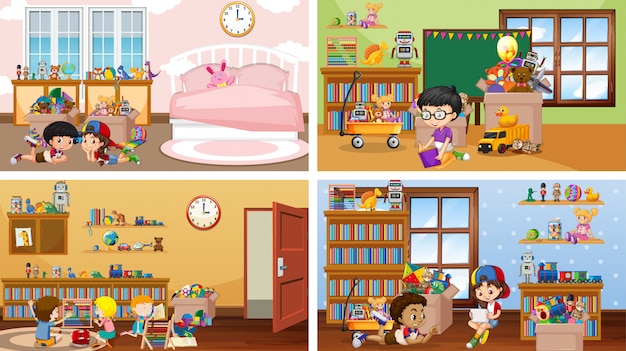 Four scenes with children playing in different rooms