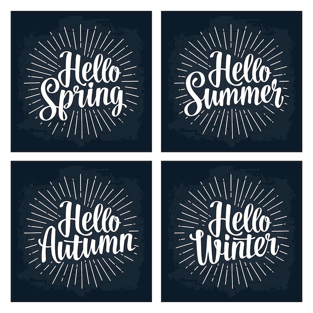 Four seasons stickers set Hello Winter Spring Summer Autumn lettering