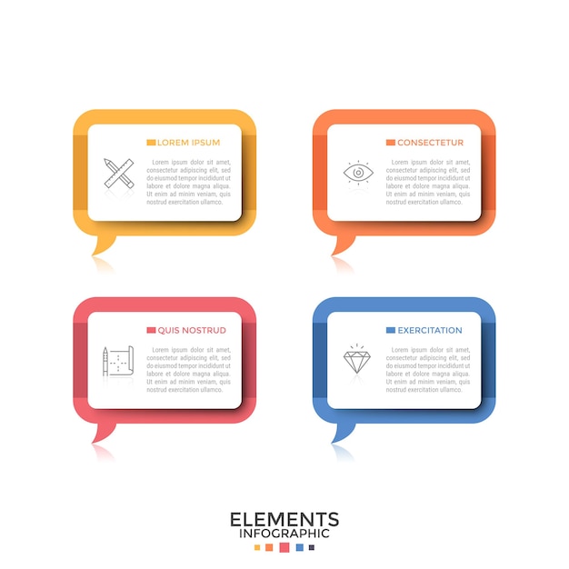 Four separate rectangular speech bubbles or balloons with thin line pictograms and place for text inside. Concept of 4 quotes or phrases. Creative infographic design template. Vector illustration.