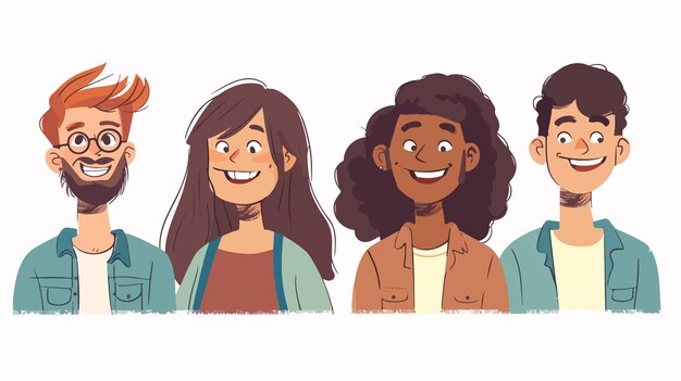 Vector four smiling young people cartoon characters