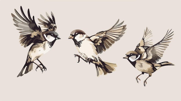 Four Sparrows in Various Poses Flying and Sitting Together