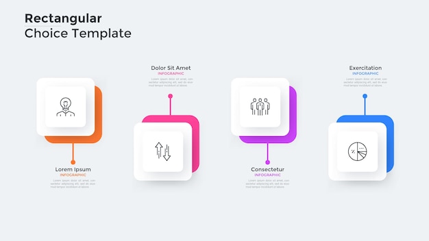 Four square paper white elements placed in horizontal row. Concept of 4 features of startup project. Minimal infographic design template. Vector illustration for business information visualization.