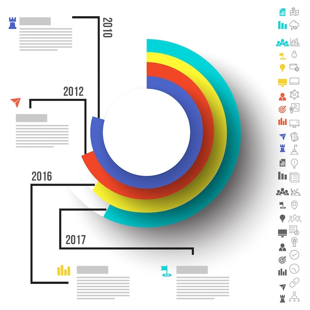 Four steps, Timeline Infographics layout with icons set, in black and white and colorful versions.