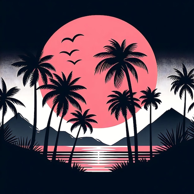 Four tropical scenes palm trees mountains and pink sun silhouettes