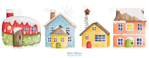 Four Watercolor winter house with a snow cap Watercolor Vector illustration