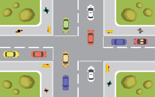 Four way road top view with traffic jam crossroad and cars vector illustration