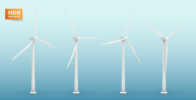 Four wind turbines. Set of images. Concept natural Energy