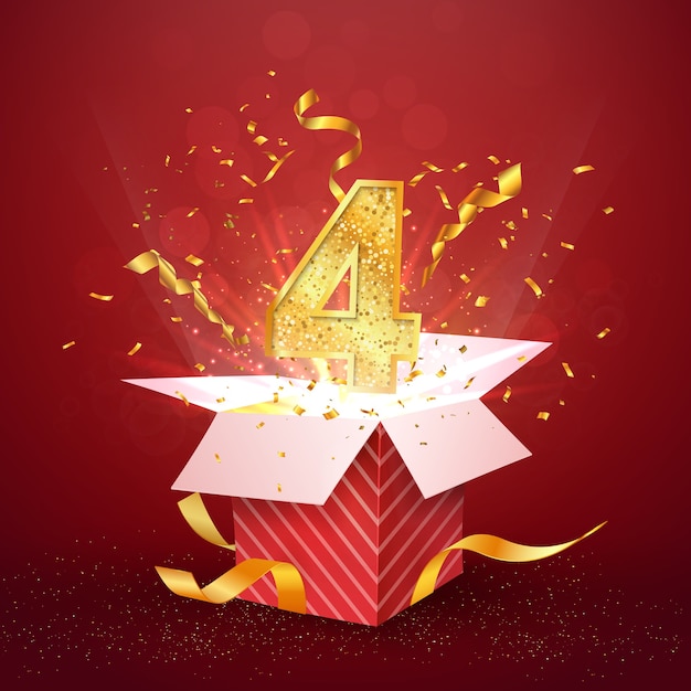 Four year number anniversary and open gift box with explosions confetti isolated design element