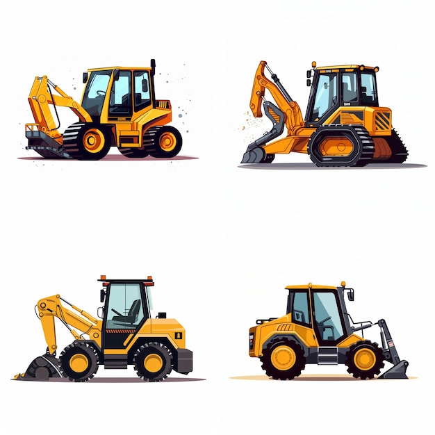 Vector four yellow construction vehicles are shown in a row