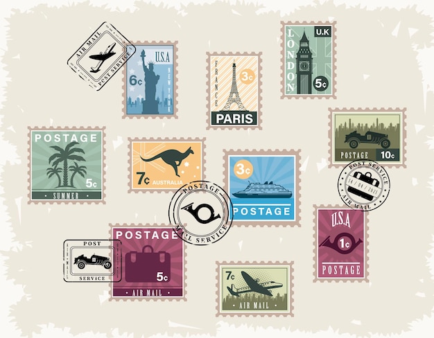 Vector fourteen postage stamps