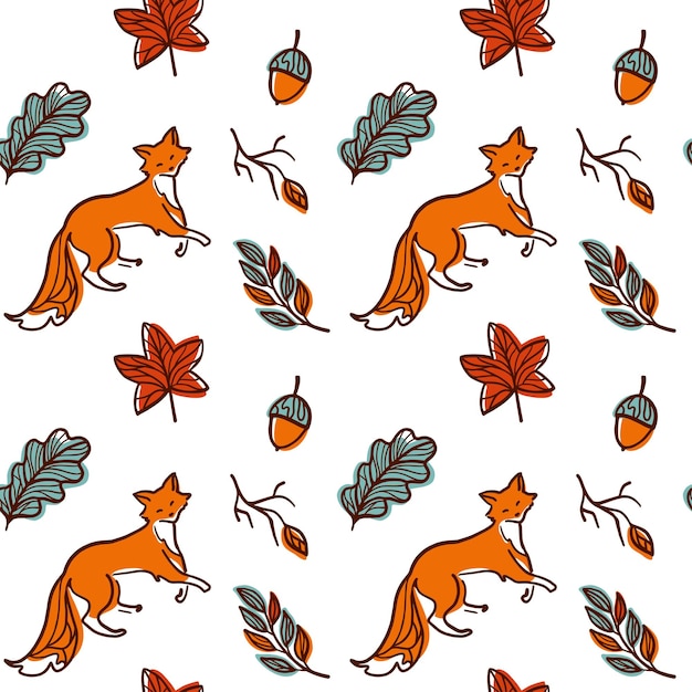 Fox on the autumn forest. Seamless pattern. Vector.