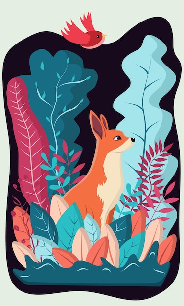 A fox and a bird in the Forest with a black background and colorful plants