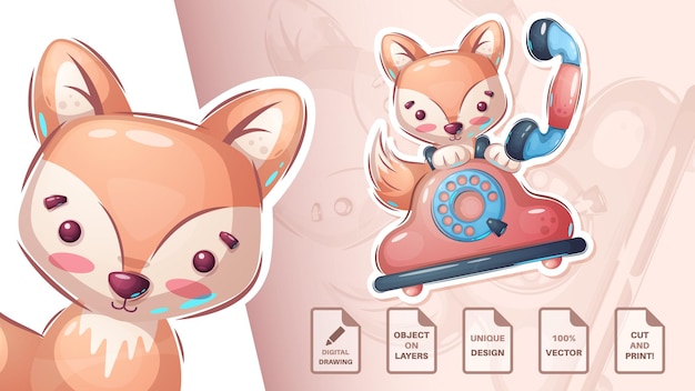 Fox call phone  cute sticker Vector eps 10