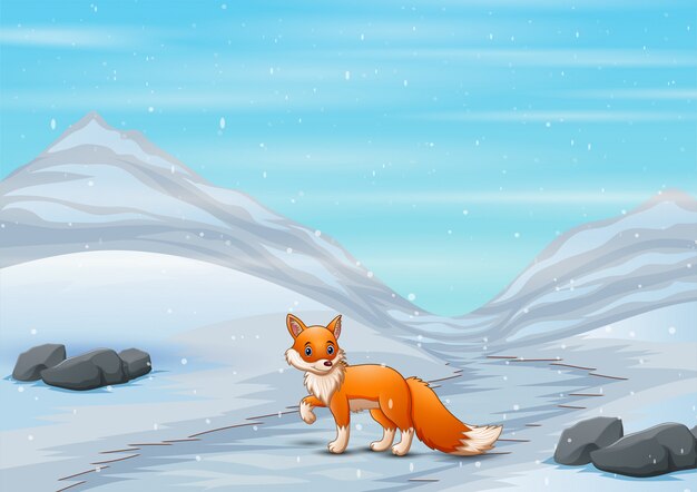 Vector fox cartoon in winter hunting a prey