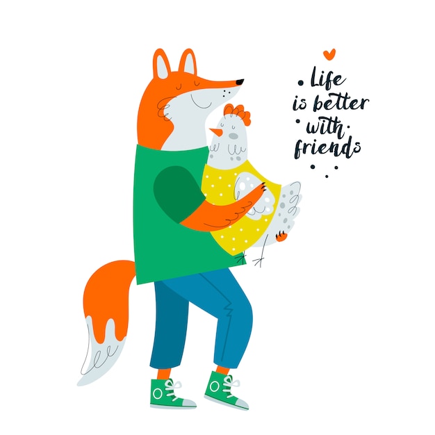 Fox and chicken. Friendship, friends. Cute animals character illustration