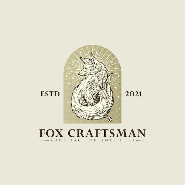 Fox craftsman logo hand drawing vector illustration template design on white background