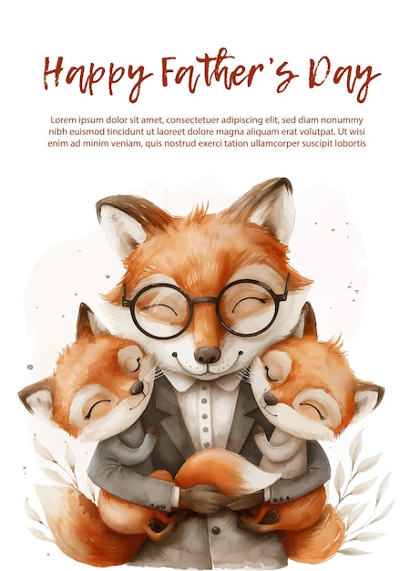 Vector fox dad with children and happy fathers day lettering on white background vector illustration