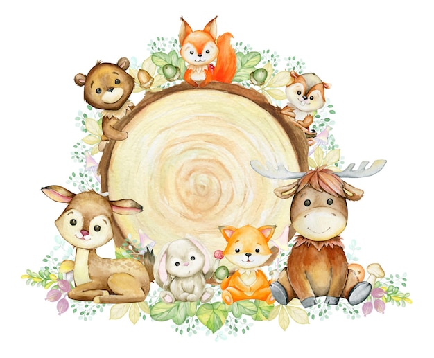 Fox, deer, Chipmunk, rabbit, moose, bear, and squirrel. Watercolor forest animals, on a wooden background, in a cartoon style.