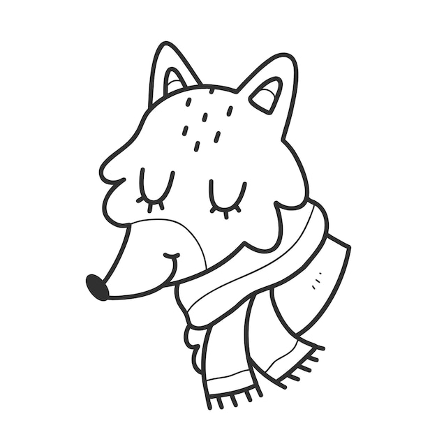 Fox doodle A fox with a scarf in a linear style Vector isolated illustration on a white background