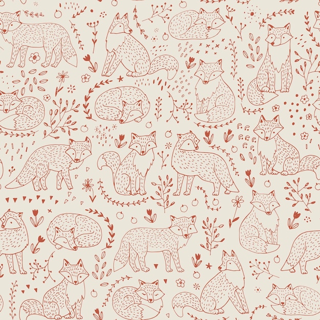 Fox forest animals vector seamless line pattern