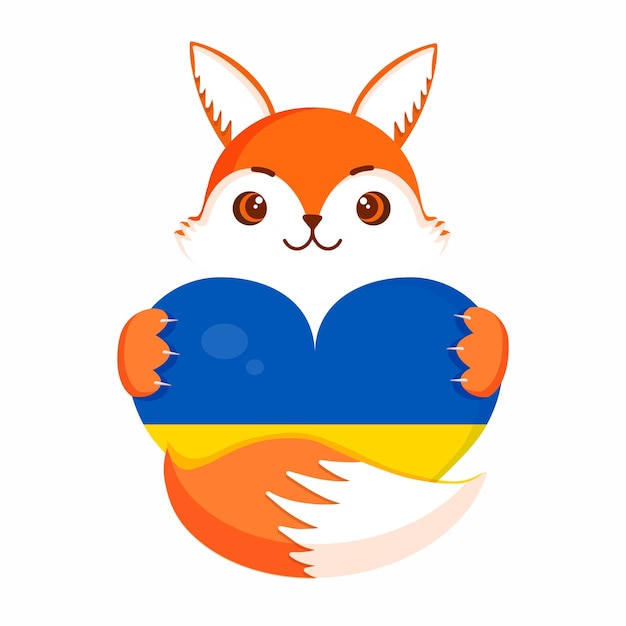 The fox holds a heart in the form of the flag of Ukraine Vector illustration in support of Ukraine