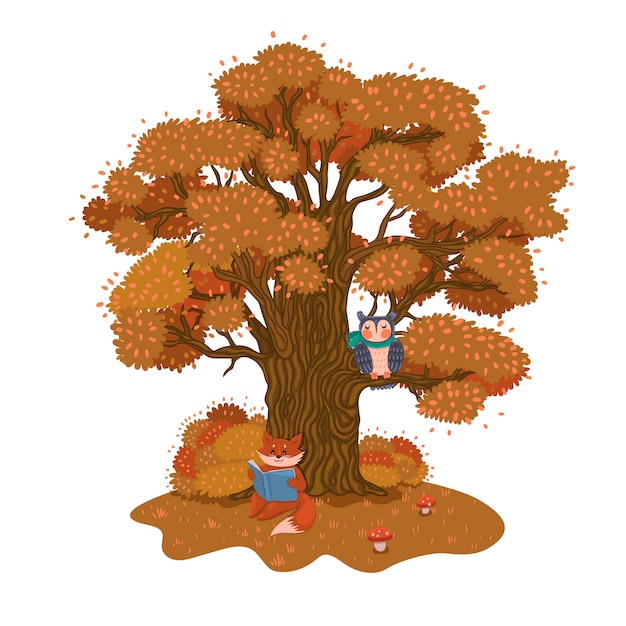 The fox is reading a book under a tree. Autumn mood.  graphics.