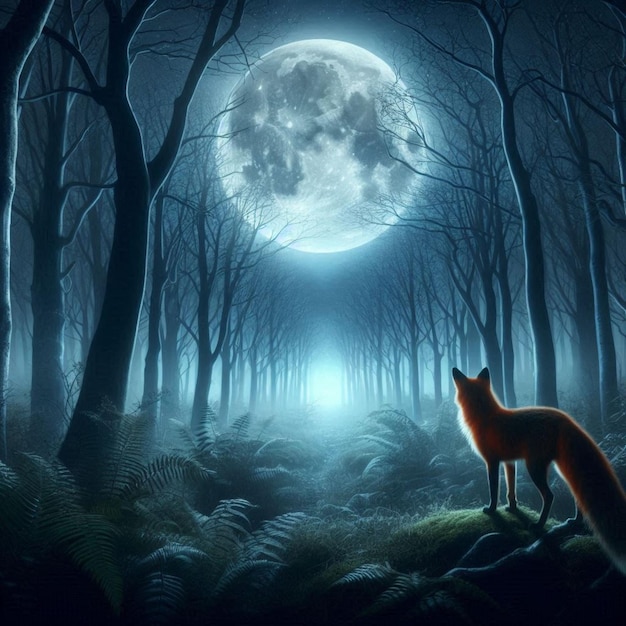 a fox is standing in a dark forest with a full moon in the background