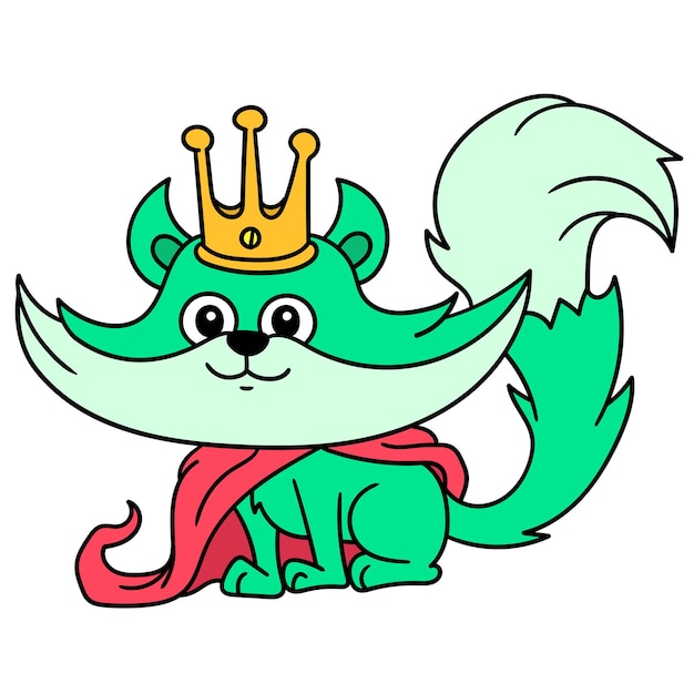 Fox king emoticon in green with fancy robe, doodle draw kawaii. vector illustration art