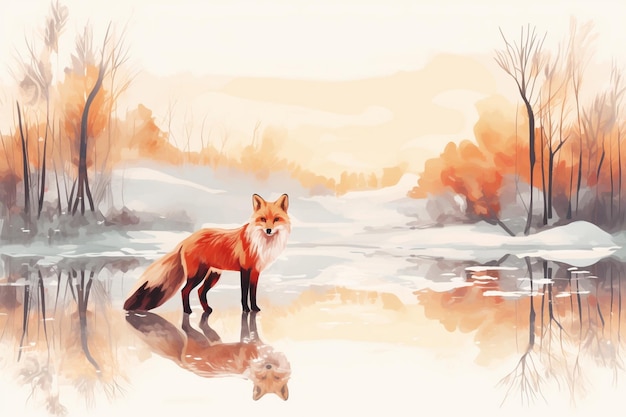 a fox in a pond with trees in the background