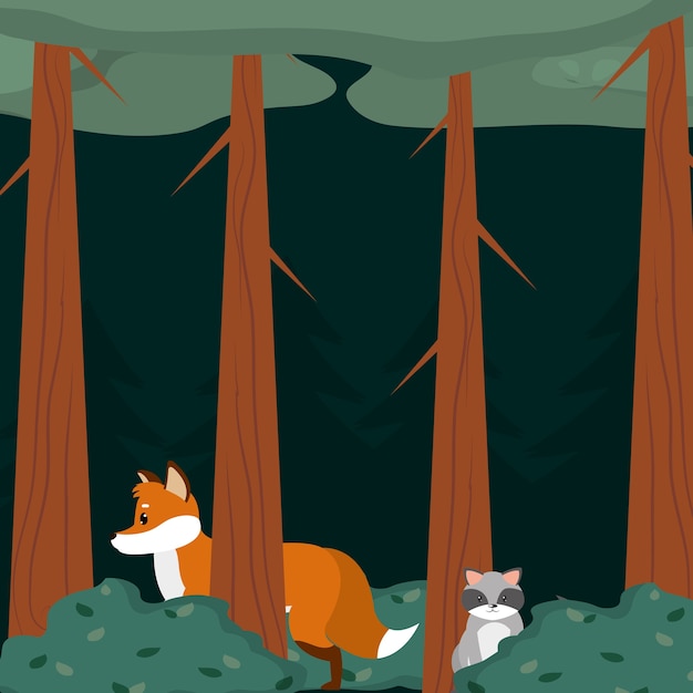 Vector fox and raccoon at forest cartoon 