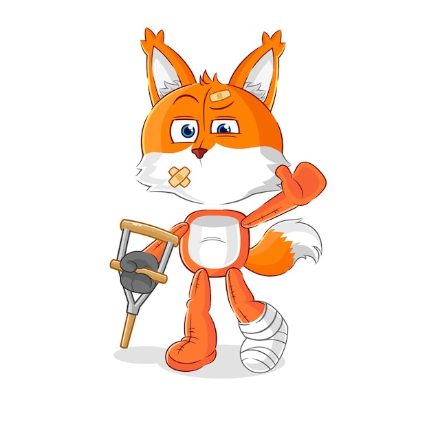 Fox sick with limping stick cartoon mascot vector