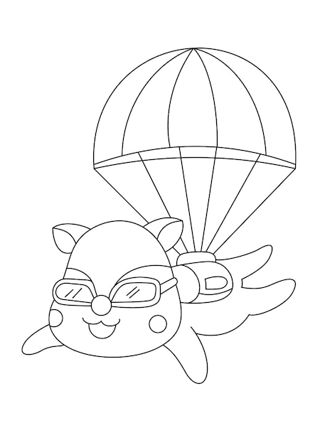 fox skydiving with parachute coloring page or book for kid vector