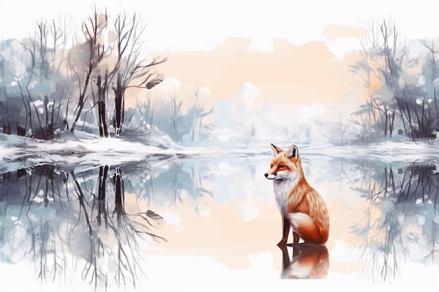 a fox in the snow with a reflection of trees in the water