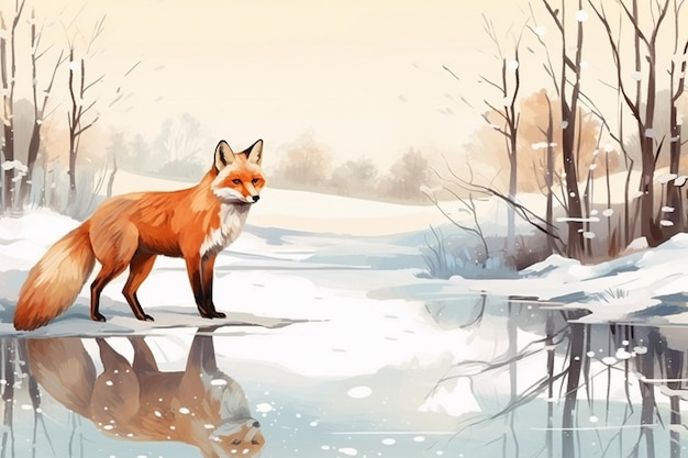 Vector a fox in a snowy landscape