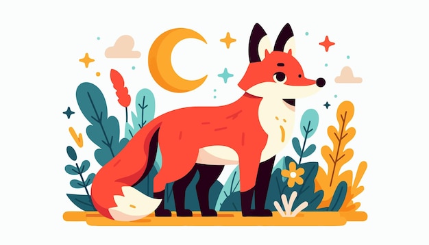 a fox with a crescent moon in the background