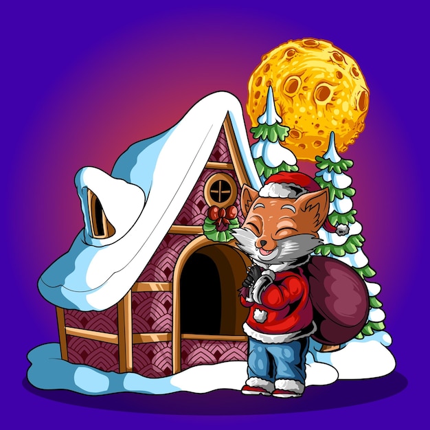 Fox with gift at night christmas house