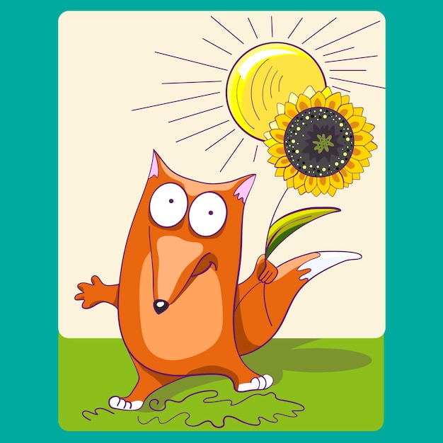 Fox with sunflower under the sun Summer Print Vector illustration