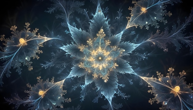 Fractal art resembling a glowing frosty snowflake or flower with intricate details in blue and gold